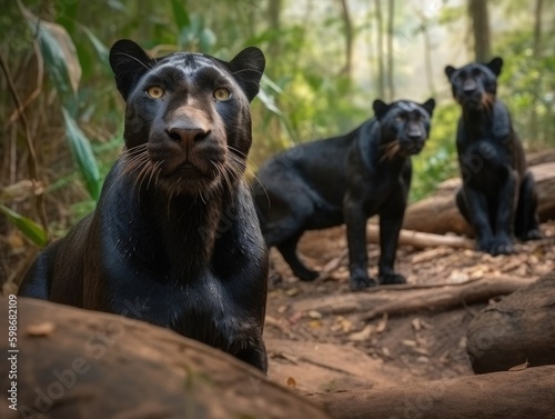 Group of Black panther in natural habitat (generative AI)