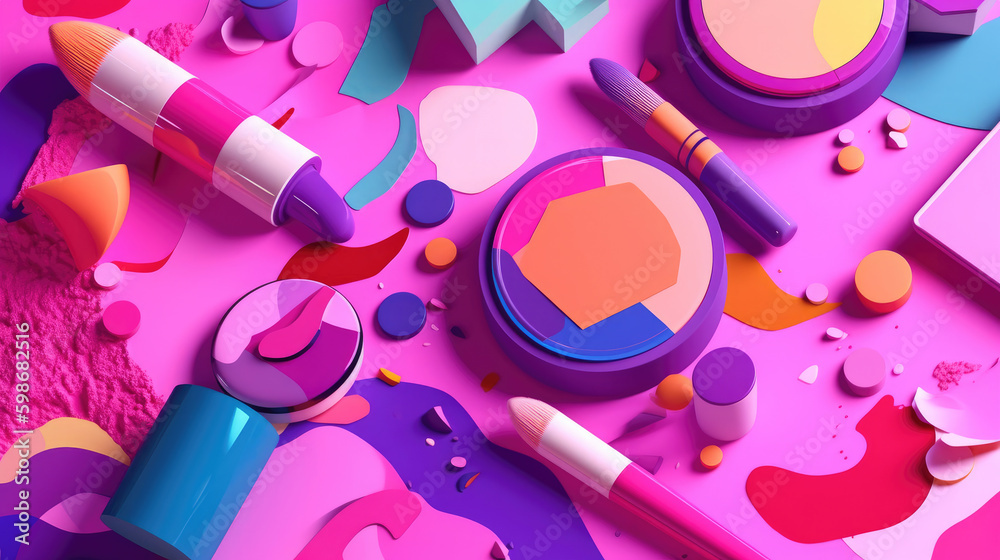 cosmetics and makeup products scattered on a pink background Stock