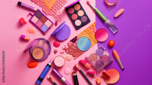 cosmetics and makeup products scattered on a pink background