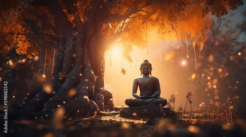 Buddha sitting under bodhi tree on sunset