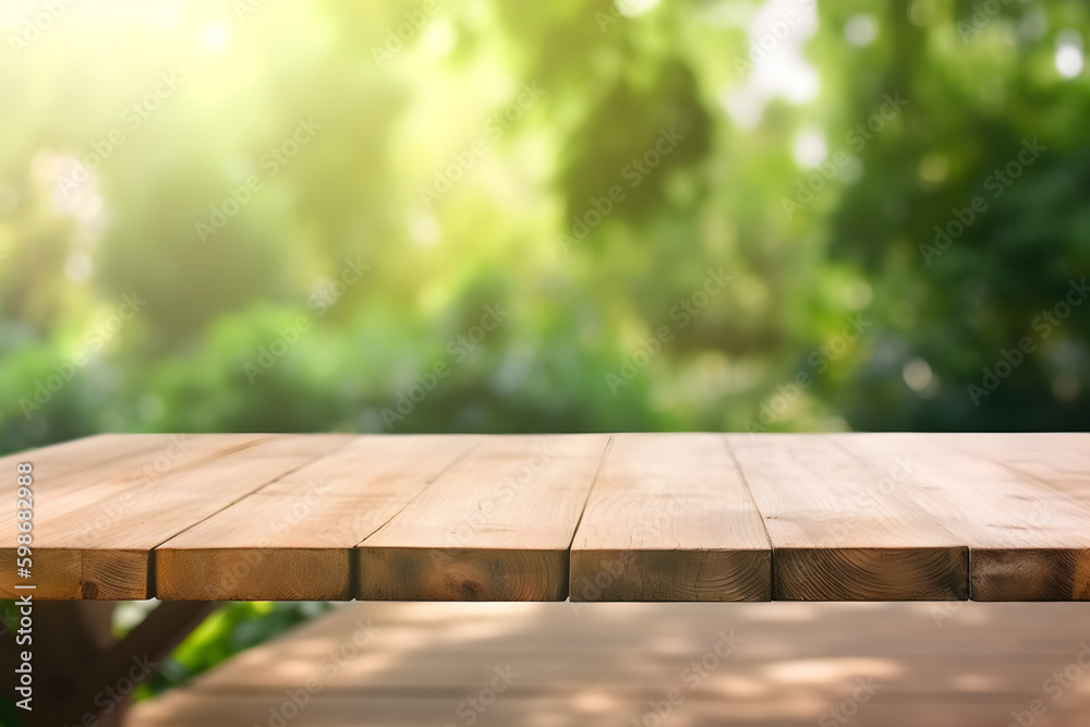Empty wooden table with party in garden background. generative ai Empty wooden table with party in garden background. generative ai