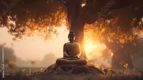 Buddha sitting under bodhi tree on sunset © Salsabila Ariadina