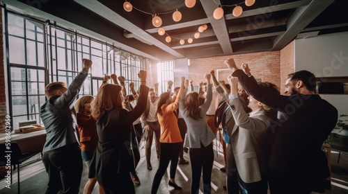 A dynamic photo of a diverse team of business professionals celebrating their success with high fives and fist bumps in a bright and modern office space. Generative AI