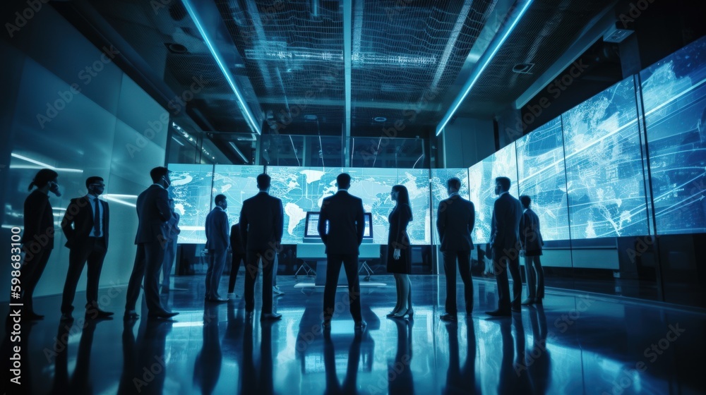 A futuristic and sleek photo of a team of business professionals celebrating with a holographic projection in a high - tech and modern office space. Generative AI A futuristic and sleek photo of a team of business professionals celebrating with a holographic projection in a high - tech and modern office space. Generative AI