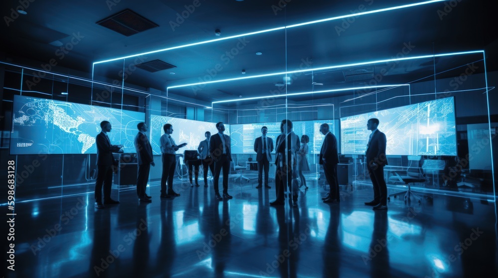 A futuristic and sleek photo of a team of business professionals celebrating with a holographic projection in a high - tech and modern office space. Generative AI A futuristic and sleek photo of a team of business professionals celebrating with a holographic projection in a high - tech and modern office space. Generative AI