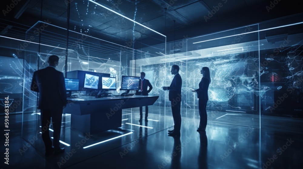 A futuristic and sleek photo of a team of business professionals celebrating with a holographic projection in a high - tech and modern office space. Generative AI