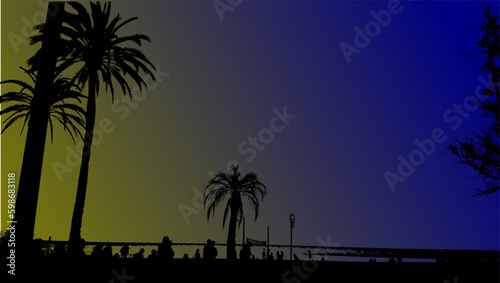 Palm tree and people silhouette under a dark yellow and blue gradient sky