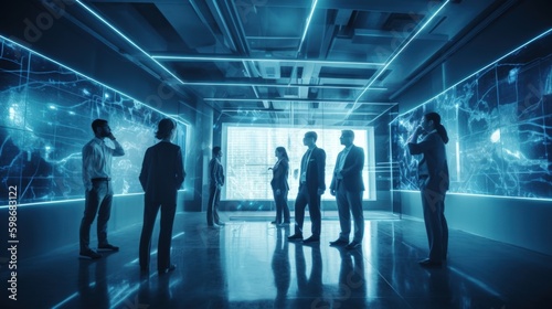 A futuristic and sleek photo of a team of business professionals celebrating with a holographic projection in a high - tech and modern office space. Generative AI