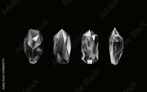 A collection of images of black diamonds of various geometric shapes and sizes.Glass shiny crystals with different shades reflecting light.Vector realistic set of glow gemstone or colorful ice.