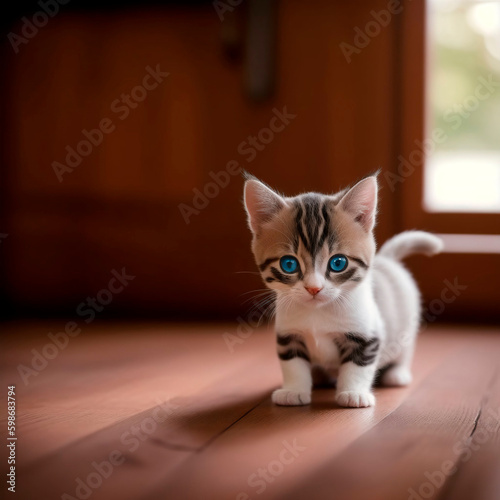 Cute kitten on the wooden floor. Generative AI