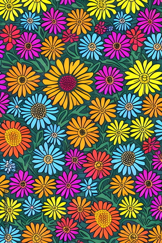 Floral pattern. Bohemian pattern with flowers in the style of the 60s and 70s. Created by artificial intelligence