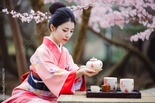 Portrait young japanese female in a beautiful kimono in sakura garden. Japanese female - geisha doing tea ceremony in a blooming garden. Generative AI. photo