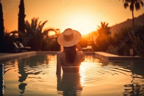 Back view of young woman in straw hat relaxing in swimming pool at sunset. Generative AI