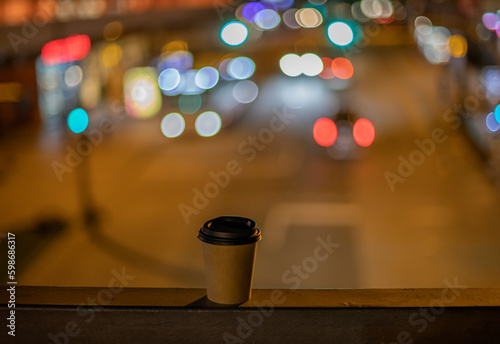 Coffee cup  takeaway paper on the street  blur bokeh background