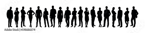 Large group of confident business people standing together vector silhouette.