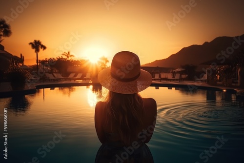 Silhouette of a woman in a hat and dress sitting on the edge of a swimming pool at sunset. Generative AI