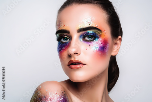 Eyes and face makeup. Beautiful eyes and face rainbow glitter Make-up. Feale model with colorful rainbow body art. Generative AI photo
