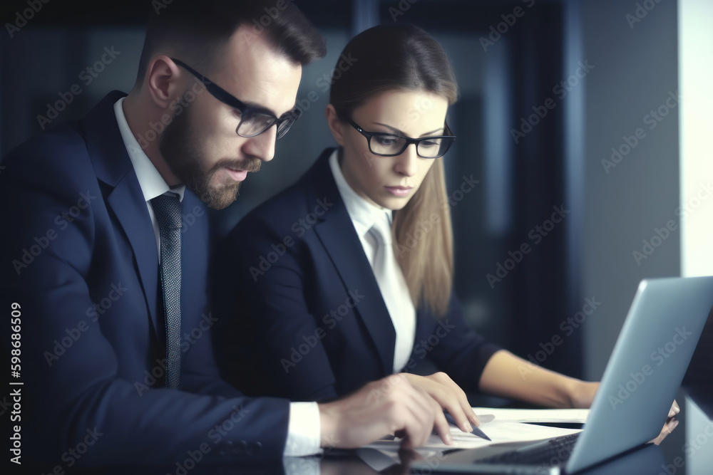 Business people using laptop computer at meeting in office. Businessman and businesswoman working together. Teamwork concept. Generative AI