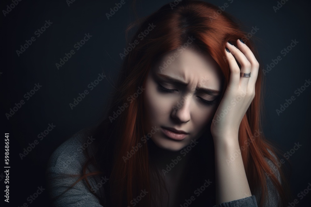 Portrait of a beautiful sad young woman with long red hair. Generative AI Portrait of a beautiful sad young woman with long red hair. Generative AI