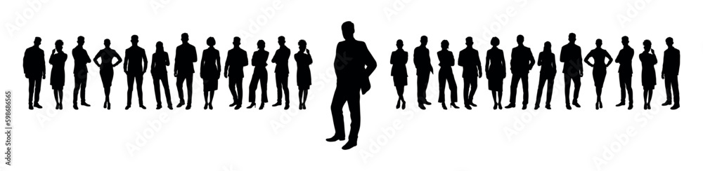 Businessman standing in front of his business team vector flat silhouette.