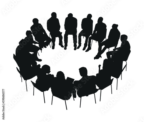 Business people talking in circle meeting brainstorming flat silhouette.