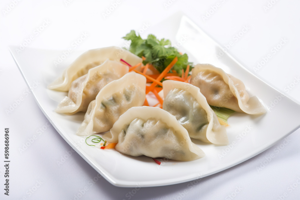 A white plate with mandu dumplings and carrots. AI generative. A white plate with mandu dumplings and carrots. AI generative.