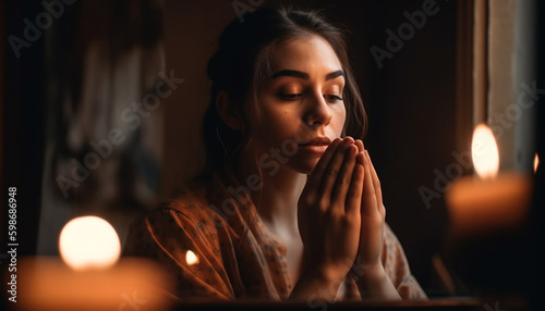 Young woman meditating, illuminated by candle flame generated by AI