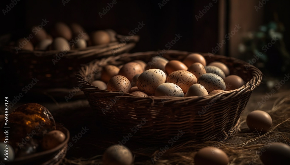 Organic eggs in rustic basket, farm fresh generated by AI Organic eggs in rustic basket, farm fresh generated by AI