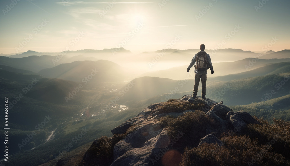 Men standing on mountain peak, achieving success generated by AI