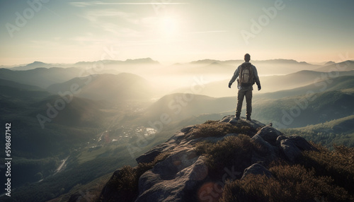 Men standing on mountain peak  achieving success generated by AI