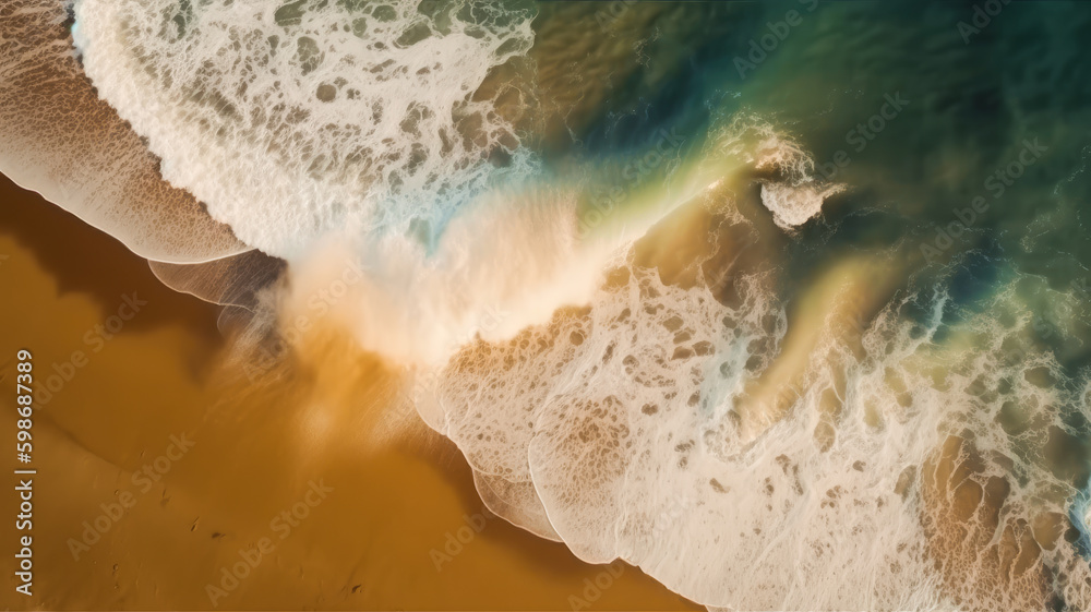 Aerial Drone view of beautiful beach. Top view on ocean waves and yellow sand beach. Copy space. Travel or Vacation banner background. Generative AI. Aerial Drone view of beautiful beach. Top view on ocean waves and yellow sand beach. Copy space. Travel or Vacation banner background. Generative AI.