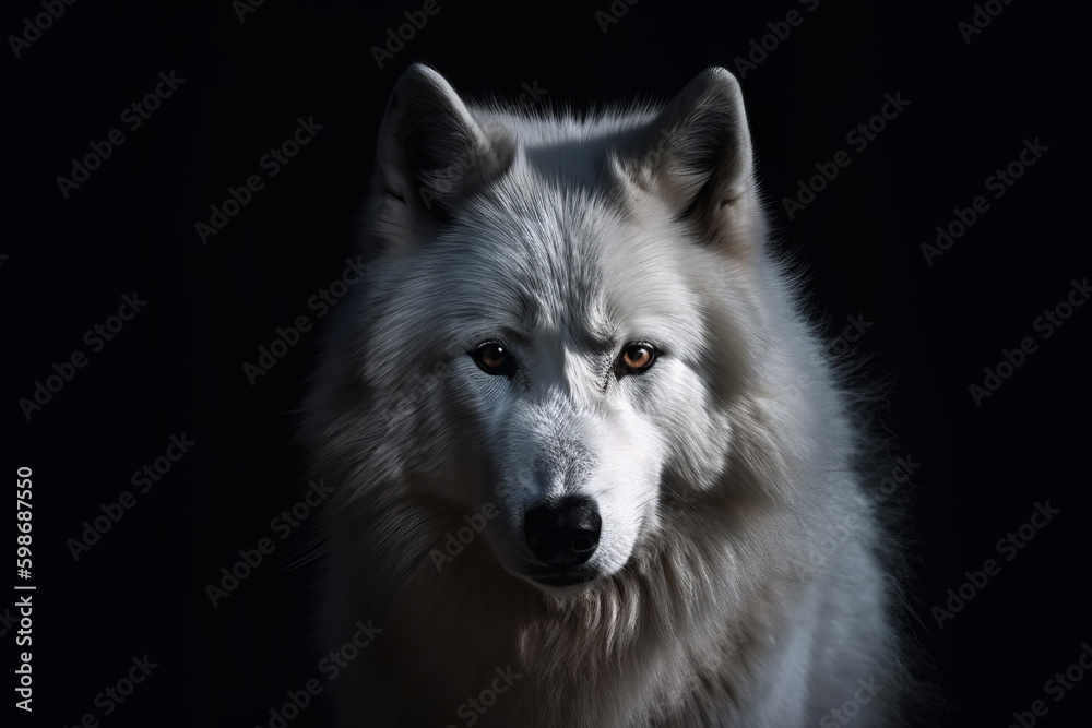 Gray wolf or canis lupus on black background. Wild wolf portrait on black background, Generative AI. Wolft portrait for zoo or background, design element.
