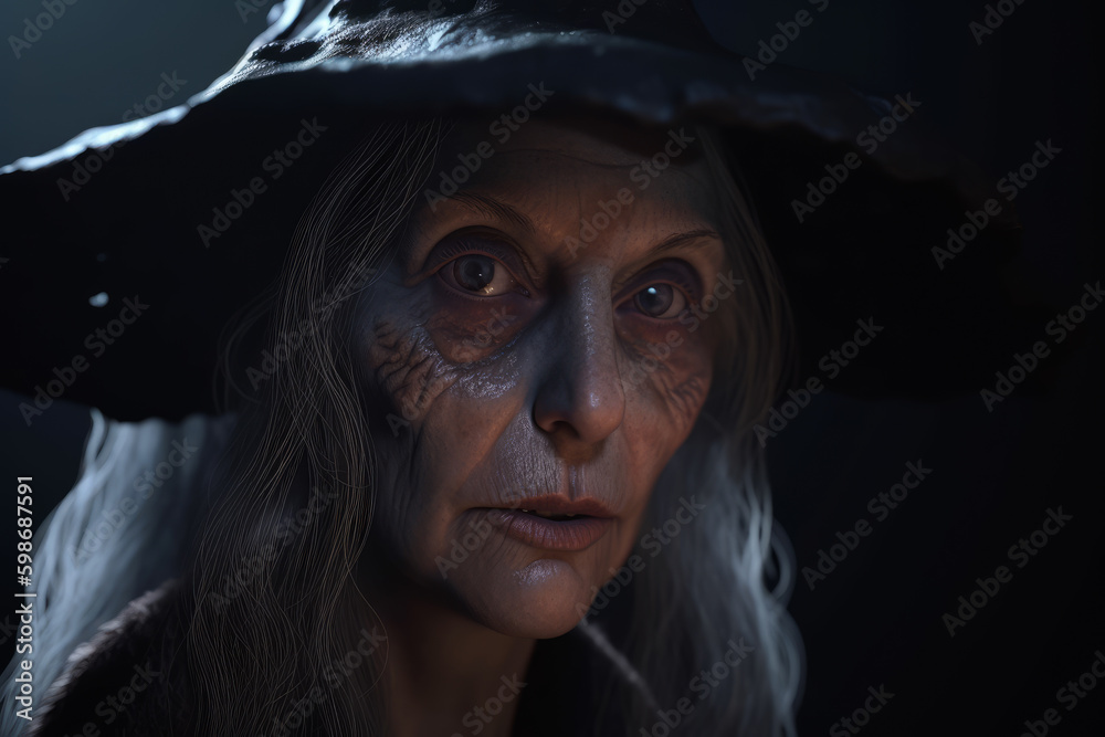 Old witch with gray eyes on black background, Generative AI. Old scary witch portrait. Evil dark witch face close up. Halloween background. Witch magic background. Old witch with gray eyes on black background, Generative AI. Old scary witch portrait. Evil dark witch face close up. Halloween background. Witch magic background.