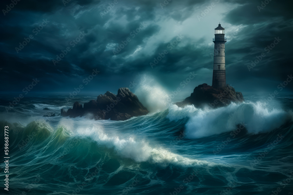 Lighthouse at storms. Lighthouse standing on a rocky island at ocean storm. Ocean shore storm. Generative AI. Lighthouse at storms. Lighthouse standing on a rocky island at ocean storm. Ocean shore storm. Generative AI.