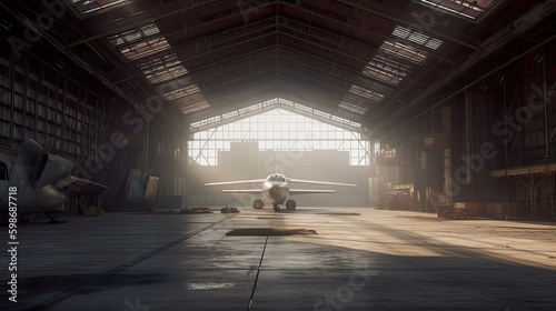Abandoned rusty airport hangar, warehouse interior, AI generative