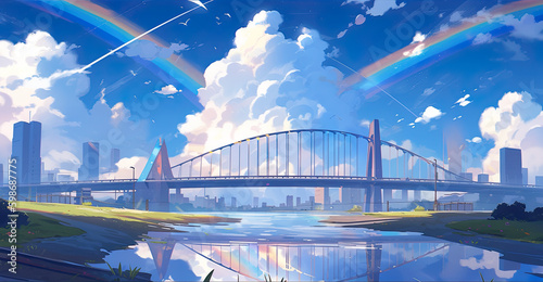 A painting of a bridge over a river with a rainbow in the sky. AI generative.