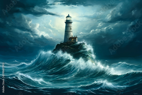 Lighthouse at storms. Lighthouse standing on a rocky island at ocean storm. Ocean shore storm. Generative AI. © Sergie