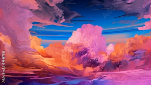 Coloful clouds at sunrise over the sea. Watercolor paint pink and blue clouds over a sunset sea. Generative AI. Panaramic view on a colorful clouds with reflection in a ocean water.