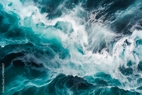 Aerial view to ocean waves. Blue ocean water background. Stormy sea waves background. Generative AI. Blue sea waves background.