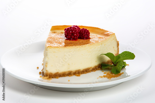 A piece of Torta de Ricota  or Ricotta cheesecake with raspberries on top. AI generative dessert