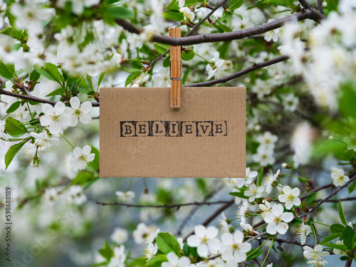 A piece of cardboard with the word Believe on it hanging on a cherry tree branch with blossoms using a clothes pin. © rosinka79