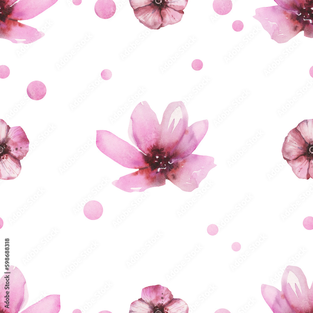 pink blooming floral watercolor flower seamless pattern hand drawn background isolated on white