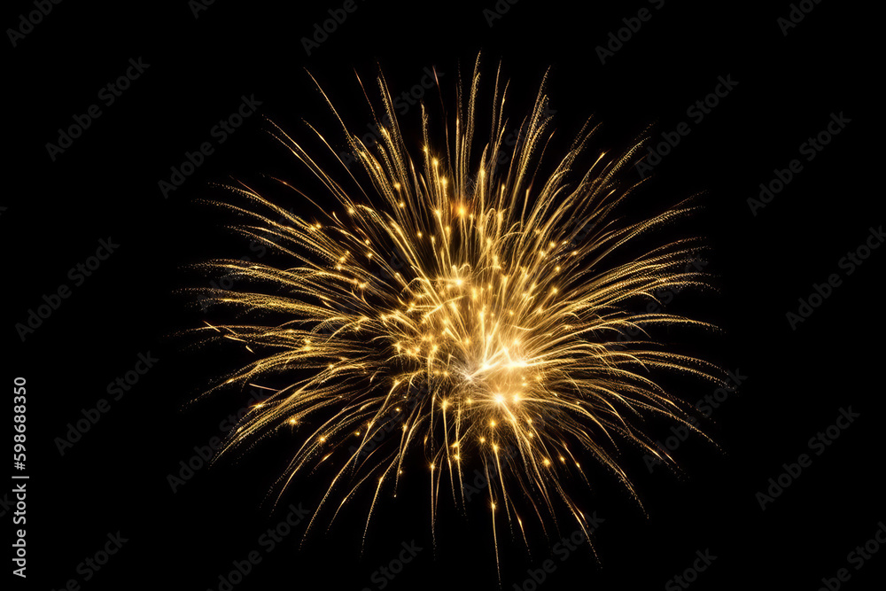 Golden fireworks on black background. New year yellow fireworks on black background. New Year or Independance Day banner design element. Generative AI.