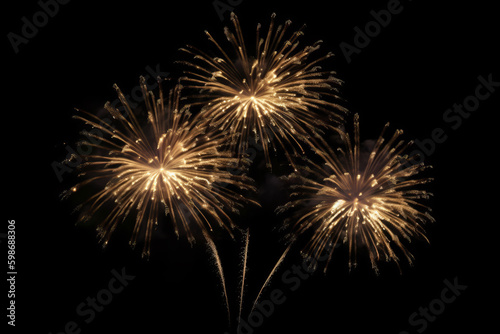 Golden fireworks on black background. New year yellow fireworks on black background. New Year or Independance Day banner design element. Generative AI.