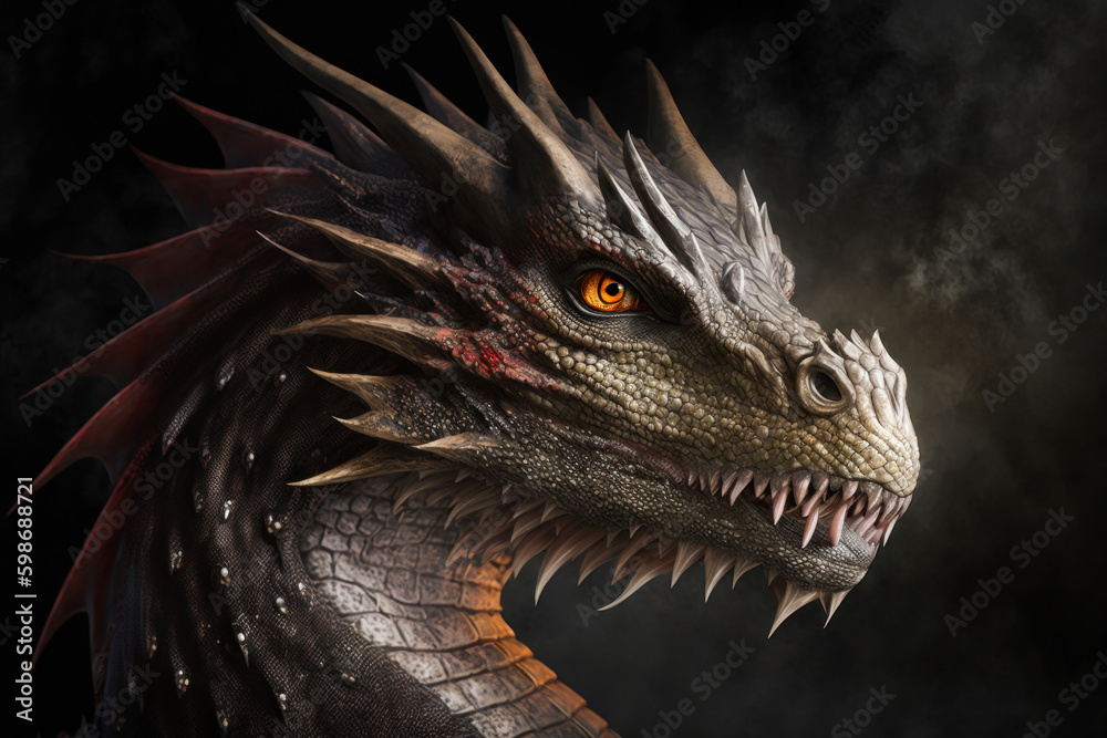 Dragon portrait on a black background. Gorgeous ancient dragon on black background. Dragons background. Fairy tale creature. Generative AI. Dragon portrait on a black background. Gorgeous ancient dragon on black background. Dragons background. Fairy tale creature. Generative AI.