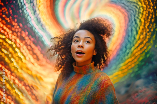 Mixed race woman on psychedelic experience in rainbow of light.   photo