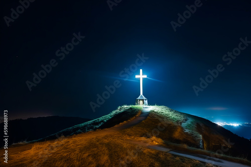 Christian cross on top of the hill with illumination. Christian symbol - cross illuminated in a darkness. Religion background. Christian religion concept for post cards and posters, Generative AI.