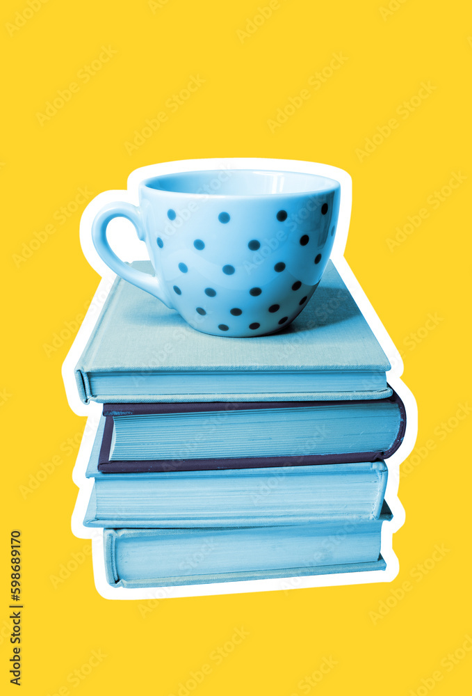 Empty dotted coffee cup placed on top of a pile of old books with white border on the yellow background. Empty dotted coffee cup placed on top of a pile of old books with white border on the yellow background.