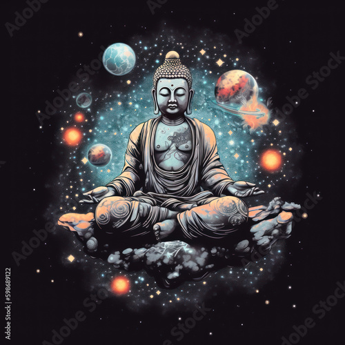 Cosmic Buddha background, Buddhism cosmos conception. Buddha surrounded by planets and space. Generative AI.