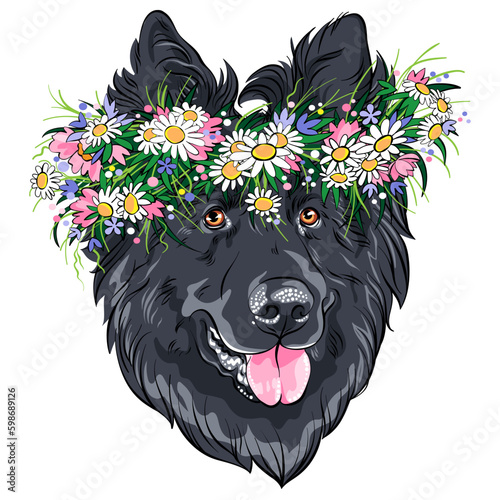 Vector fashion Belgian Shepherd Dog, Groenendael breed in wildflowers wreath